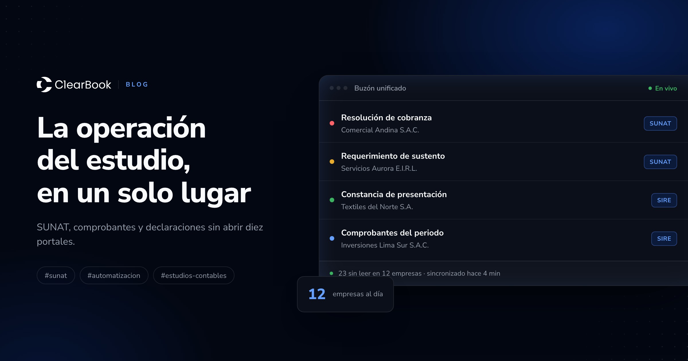 Buzón unificado de Clearbook con notificaciones SUNAT y SIRE de varias empresas