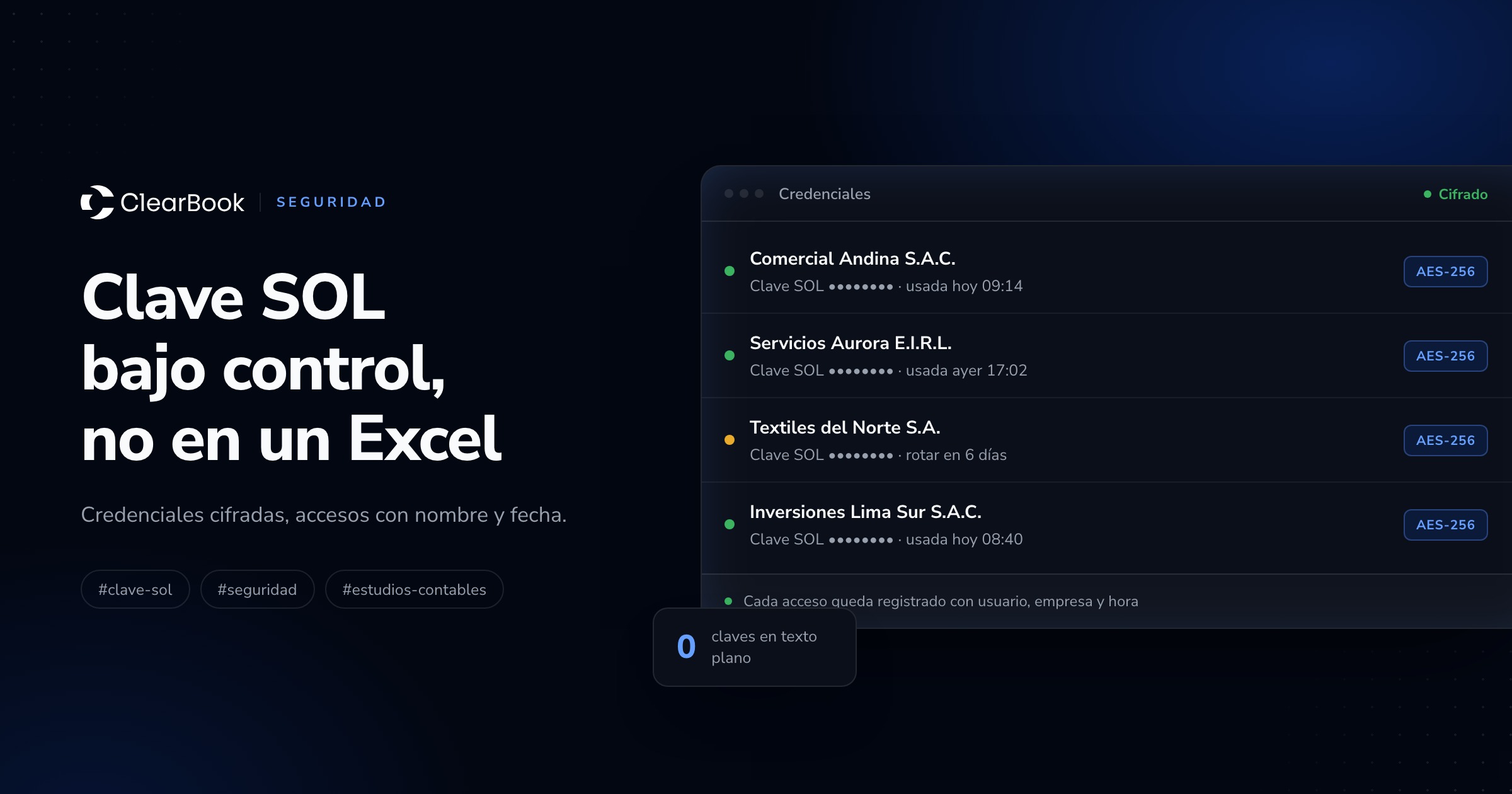 Panel de credenciales de Clearbook con Claves SOL enmascaradas y registro de accesos